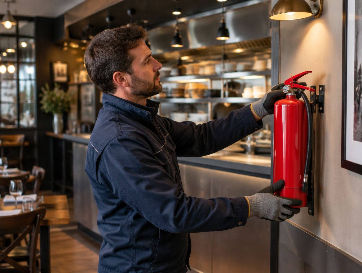Technicien fixant un extincteur au mur d’un restaurant avant l’ouverture